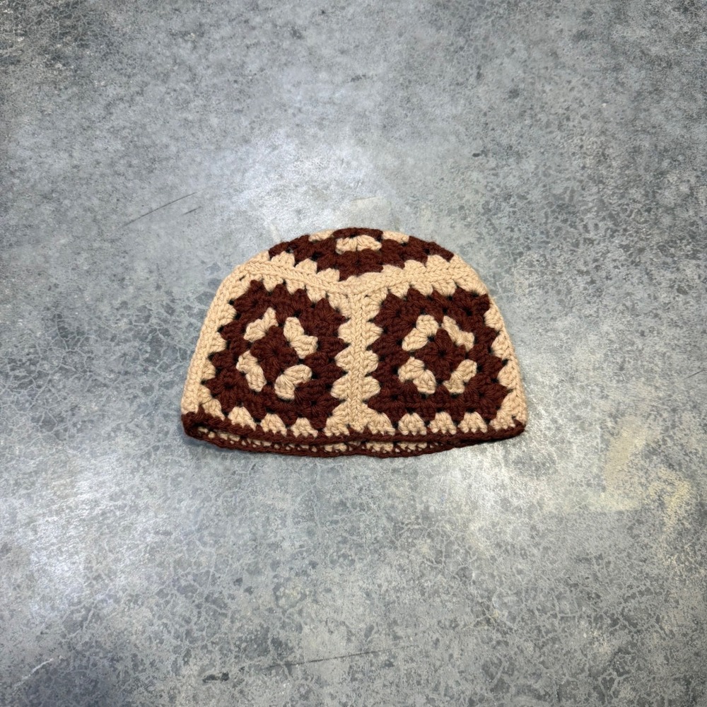 Handmade Beanie Unisex OS Brown Tan Granny Square Crochet Boho Skull Cap Hat